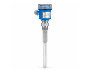Industrial level switch with blue housing and stainless probe for tank level sensing.
