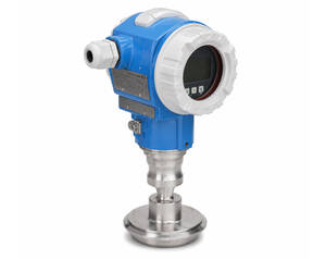 Industrial radar level transmitter with blue housing, white protective rim, and stainless mounting flange/downtube visible. Used in process measurement.