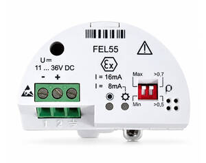 White circular electrical device showing a green 3-terminal block (labeled 1, 2, ground) and red reset/adjust switch, with markings for 11–36V DC and Ex warning symbols.