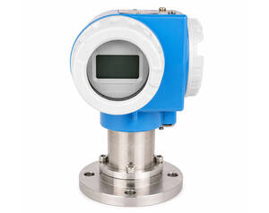 Blue industrial process sensor with circular front display mounted on a stainless steel flange.