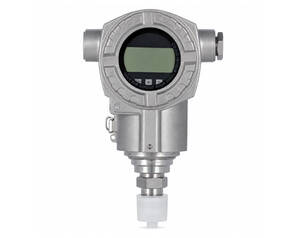Industrial pressure transmitter with round digital display in a silver metal housing and bottom process connection.