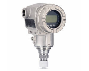 Industrial pressure transmitter with a digital display and threaded fittings on a metal housing,
