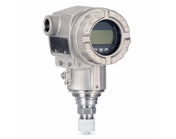 Industrial pressure transmitter with a digital display and threaded fittings on a metal housing,