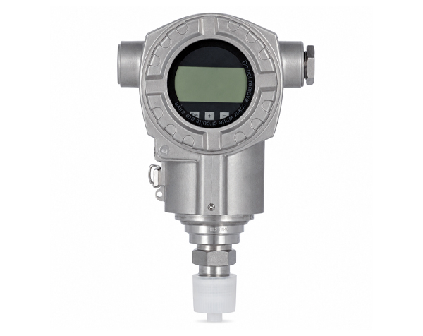 Industrial pressure transmitter with round digital display in a silver metal housing and bottom process connection.