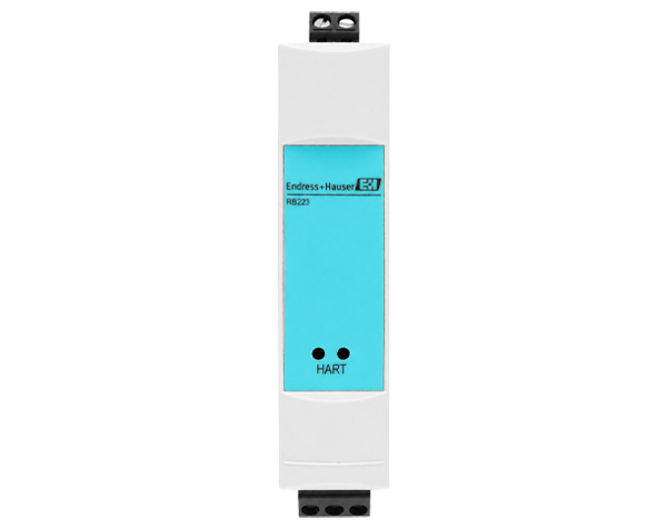 rb223-endress-hauser — DERAAK Endress+Hauser RB223 HART transmitter module with blue display on a white DIN-rail housing.