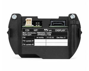 Black automotive electronic control unit (ECU) with two top connectors and a labeled firmware/part-number plate on the front surface.