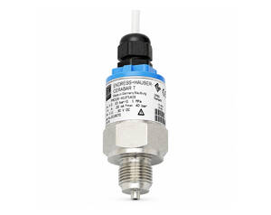 Cerabar pressure transmitter with blue housing and metal threaded connection, used for industrial pressure sensing (Endress+Hauser).