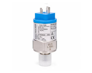 Industrial pressure sensor with a blue cap and threaded metal body, featuring two electrical pins for connection; used to measure process pressure.