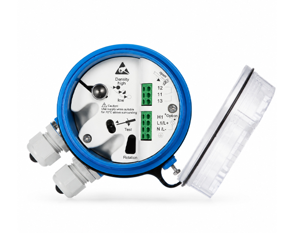 FTE-20-ENDRESS-HAUSER — DERAAK تصویر استودیویی کاتالوگی و دقیق از لول سوییچ پرهای Soliswitch FTE20 اندرس هاوزر با بدنه آبی و پره فلزی صلب برای سنجش سطح جامدات.