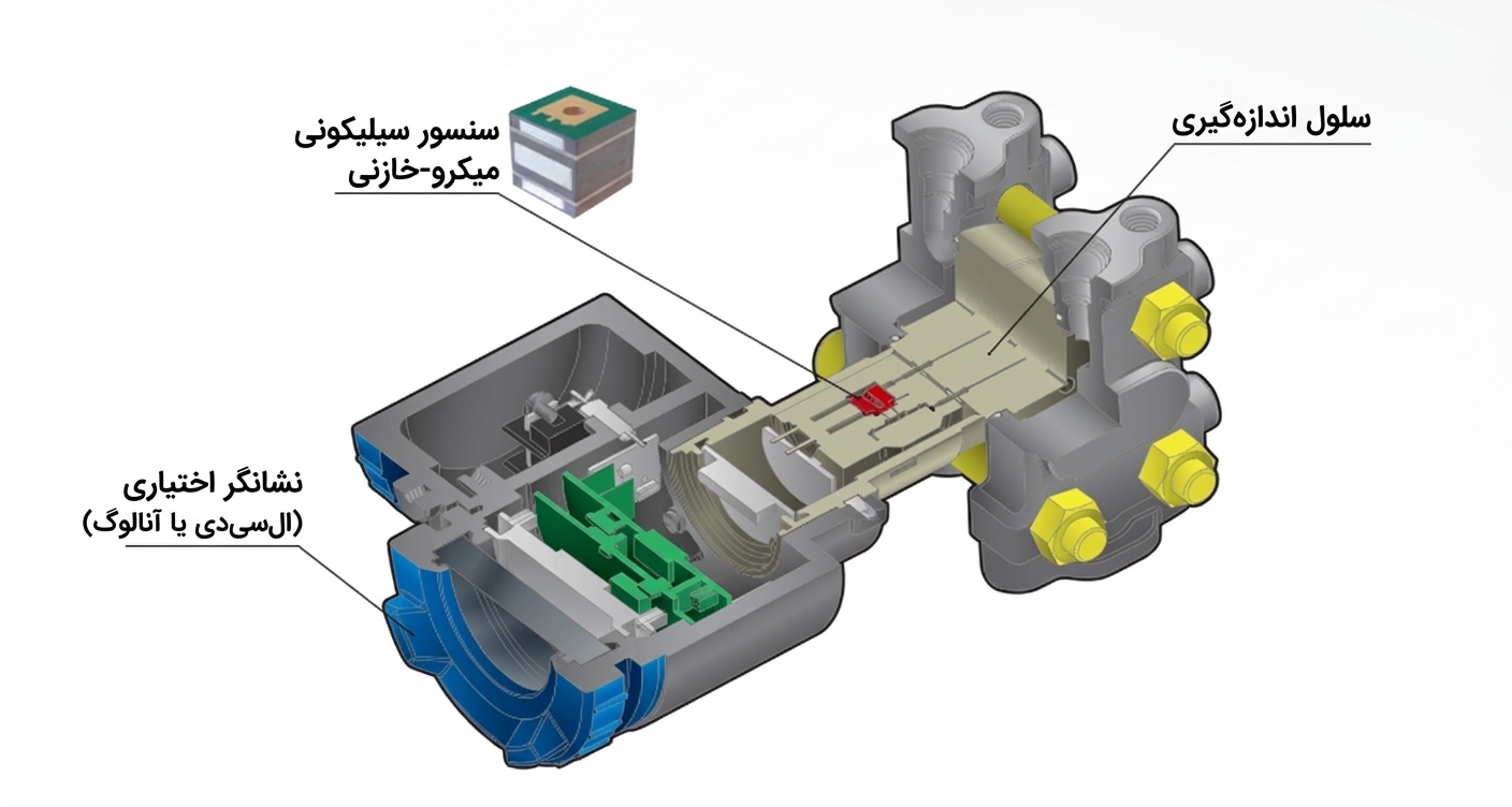 نمای داخلی و دیافراگم سنسور یک ترانسمیتر فشار هوشمند صنعتی