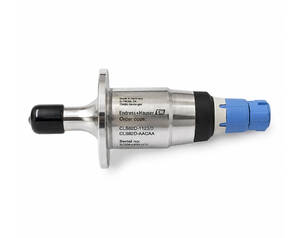 Endress+Hauser sensor/transmitter with blue electrical connector and black end cap, viewed sideways on a white background