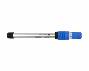 Industrial sensor probe with a metal shaft and blue plastic connector on the end.