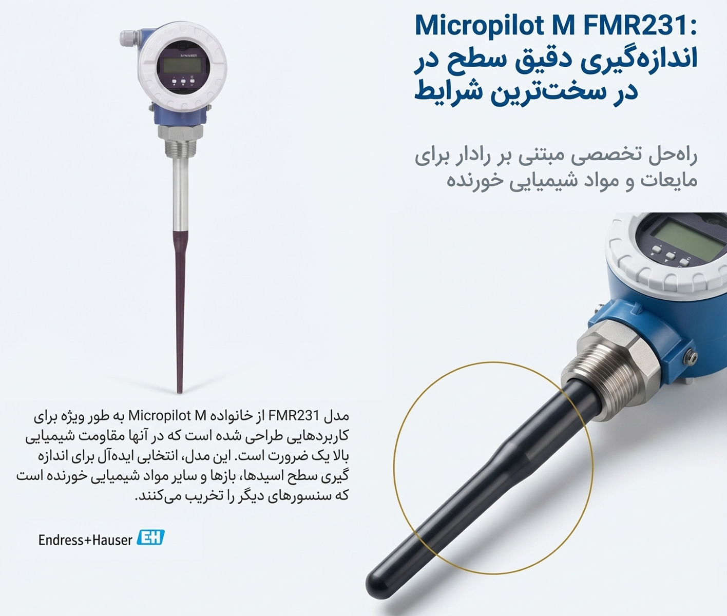 اینفوگرافیک سنسور اندازه‌گیری سطح اندرس هاوزر مدل FMR231 برای مایعات شیمیایی و محیط‌های سخت، تامین شده توسط فروشگاه دراک.