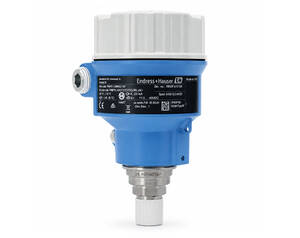 Endress+Hauser industrial transmitter with blue housing and white cap, featuring a bottom threaded process connection.