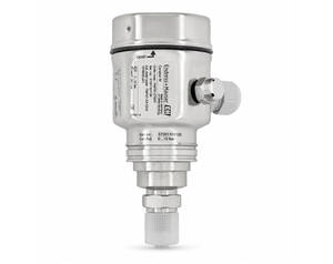 A metallic pressure transmitter with a side adjustment knob, label printed with specifications, and a threaded lower connection for attaching to a pipe system.