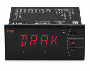 Digital temperature controller with a red LED display showing 'DRAK' and three control buttons (up, OK, down) on the right.