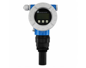 Endress+Hauser level transmitter with a round display bezel, blue housing, and black mounting for liquid level measurement in tanks.