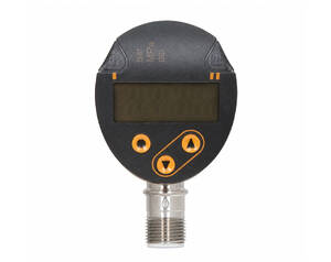 Digital pressure sensor with LCD display and orange control buttons, connected to a metal threaded fitting for mounting on a pipeline