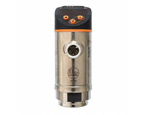 Metal cylindrical industrial sensor with a four-pin circular connector on the front, black and orange top, and an IFM logo on the body.
