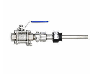 Stainless steel inline valve with a blue lever handle used to shut off fluid flow in a piping system.