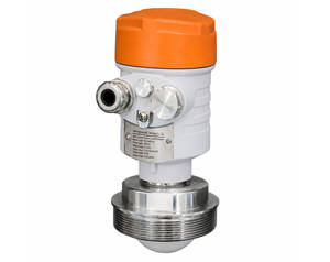 Industrial pressure transmitter with orange cap and metal threaded connection.