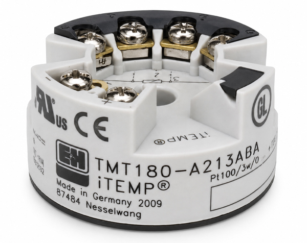 tmt180 — DERAAK Circular white temperature transmitter terminal base with screw terminals and labeled model TMT180-A213ABA; used for sensor connections (Pt100).