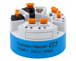 Blue Endress+Hauser iTEMP TMT31-10N2/0 terminal block with orange clamp levers (industrial process instrumentation).