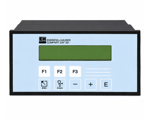 فلو کامپیوتر Endress+Hauser Compart DXF 351 برای اندازهگیری و محاسبه دبی جرمی، حجم تصحیحشده و انرژی در کاربردهای بخار، گاز و مایعات، مجهز به نمایشگر LCD و کلیدهای کنترلی، مناسب سیستمهای ابزار دقیق صنعتی.