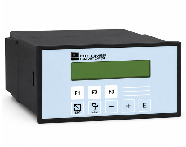 Endress+Hauser COMPAX DXF 351 compact process controller with green LCD and labeled F1–F3 keys on a light-blue front panel