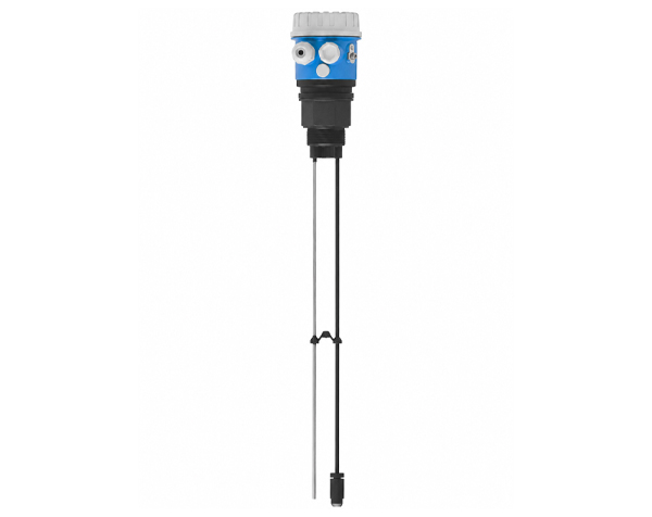 Liquicap_FMI21_P — DERAAK Submersible liquid level sensor mounted on a long rod for measuring liquid depth in tanks or wells (blue and gray housing).
