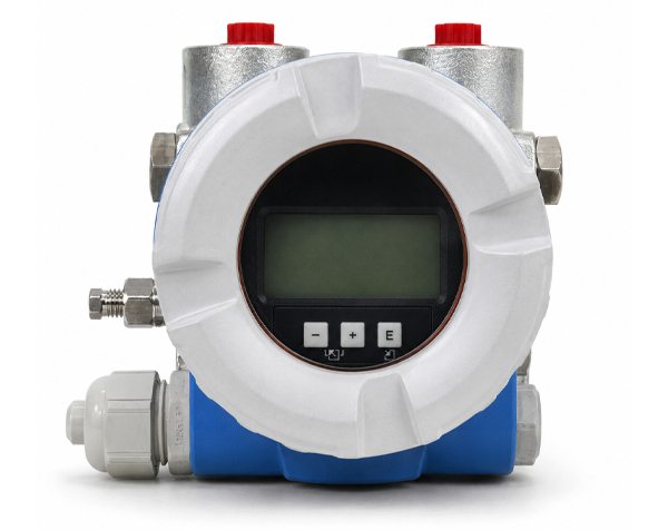 PMD55 — DERAAK Flow meter with circular white housing, digital display, and blue base for pipeline measurements and control buttons on the front panel