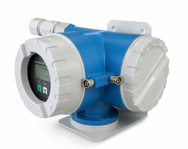 Promonitor_NRF560_PP — DERAAK Blue industrial pressure transmitter with two white end caps, mounted on a metal base, digital display visible.