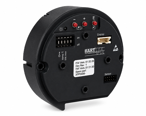 XPP006-ENDRESS-HAUSER — DERAAK Back view of a round black Hart industrial sensor module showing power, display, and sensor connectors.