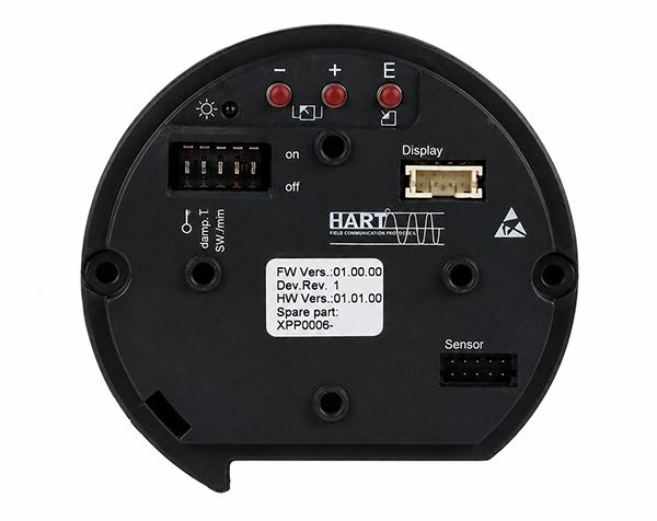 XPP006 — DERAAK Back view of a circular black sensor module with red indicator LEDs, labeled 'Display' port, 'Sensor' port, on/off switch, and multiple multi-pin connectors; firmware sticker visible.