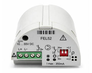 FEL52 electronic control module with a green 4-screw terminal block and a red on/off switch on the right, front view.