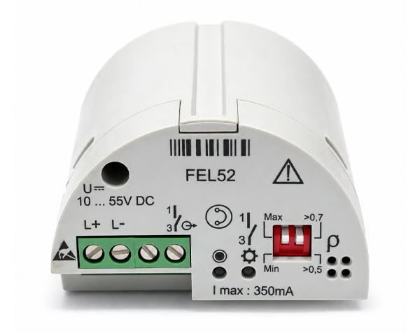 ENDRESSHAUSER — DERAAK FEL52 electronic control module with a green 4-screw terminal block and a red on/off switch on the right, front view.