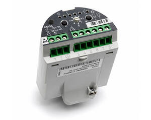DIN-rail mounted industrial controller with eight green terminal blocks for wiring inputs and outputs.