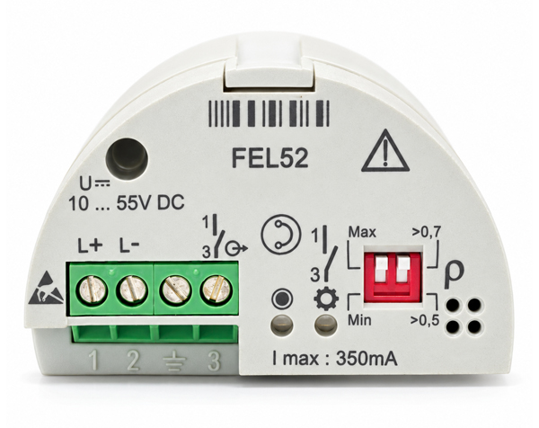 FEL52 — DERAAK Front of FEL52 electrical module with a green L+/L- terminal block, a red dual-switch, warning symbol, barcode, and I max 350mA label.