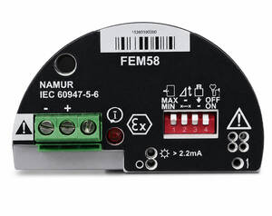 Front view of FEM58 NAMUR sensor module with green 3-terminal block, red status switch (1–4), warning icons, and LED indicator