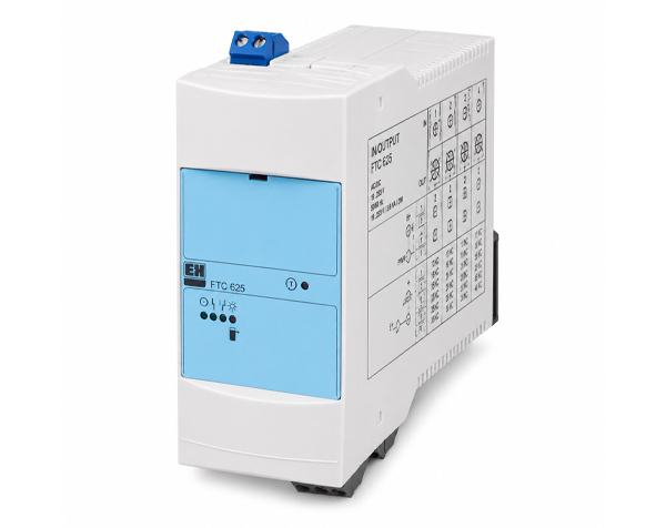 FTC625-1 — DERAAK DIN rail industrial control module with blue front panel and side wiring diagram.