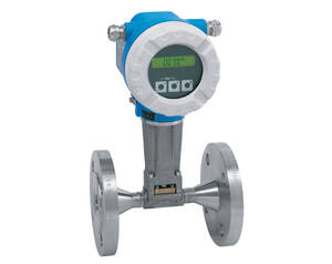 Industrial flow meter mounted on a flanged pipe with a blue housing and circular display unit, showing the unit's flow rate on the screen.