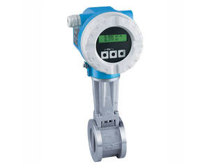 Industrial flow transmitter: blue circular digital display mounted on a flanged valve body with control buttons underneath.