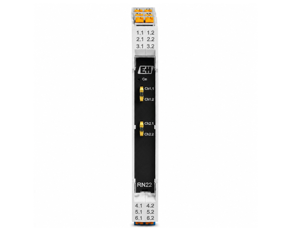 RN22-active-barrier — DERAAK DIN rail-mounted 4-channel relay module with status LEDs and top/bottom terminal blocks.