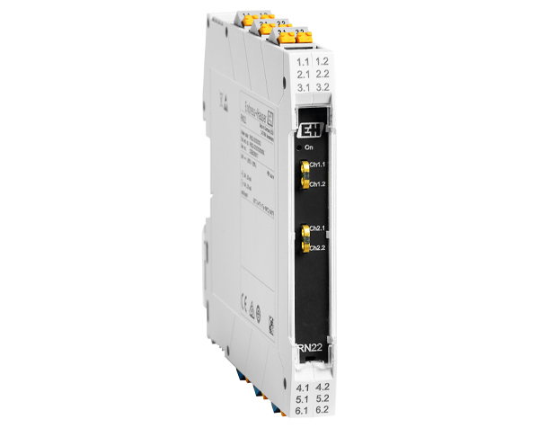RN22 — DERAAK Industrial control module with multiple terminal blocks and front-panel channel labels (Ch1.1–Ch6.2) in a grey enclosure.