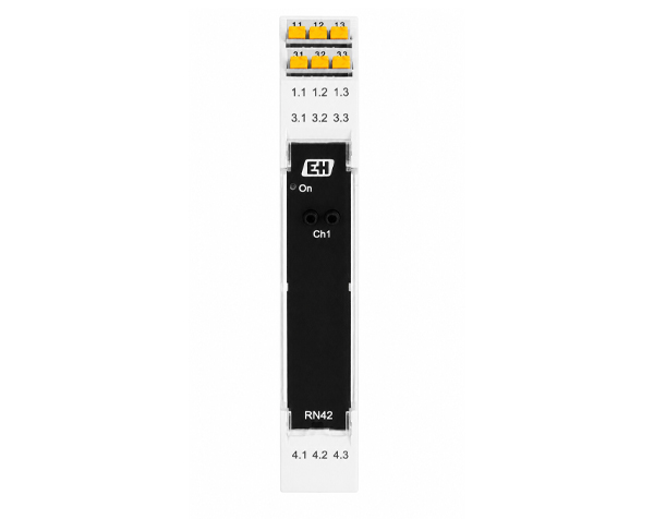 RN42-ENDRESS-HAUSER — DERAAK White DIN-rail I/O module with orange terminal blocks on top and a black central unit labeled 'Ch1'.