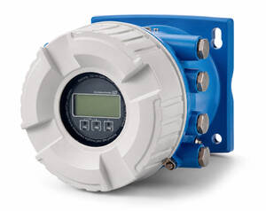 Industrial digital pressure transmitter with a round white housing and blue mounting bracket.