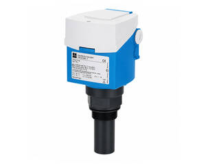 Industrial pressure transmitter mounted on a pipe, with a blue and white housing, used to measure fluid pressure in a line.