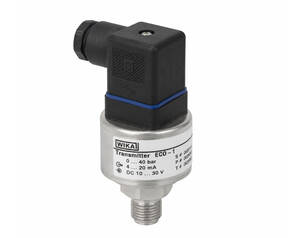 Pressure transmitter with black electrical head (WIKA ECO-1) mounted on a silver, threaded sensor body via 4–20 mA output.