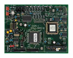 Green printed circuit board densely populated with integrated circuits, connectors, and assorted components (resistors, capacitors, LEDs) for hardware circuitry.