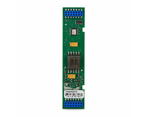 Green PCB with two blue header connectors at top and bottom, a central IC and components, and a barcode label; appears to be an I/O expansion board.